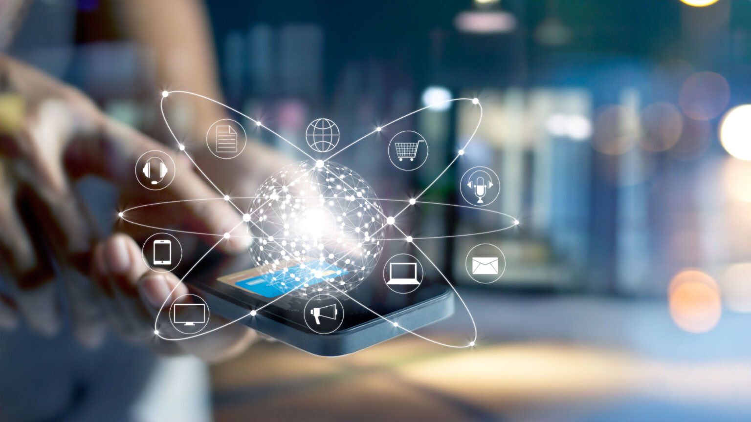 Man using mobile payments online shopping and icon customer network connection on screen, m-banking and omni channel, all on mobile screen are design up